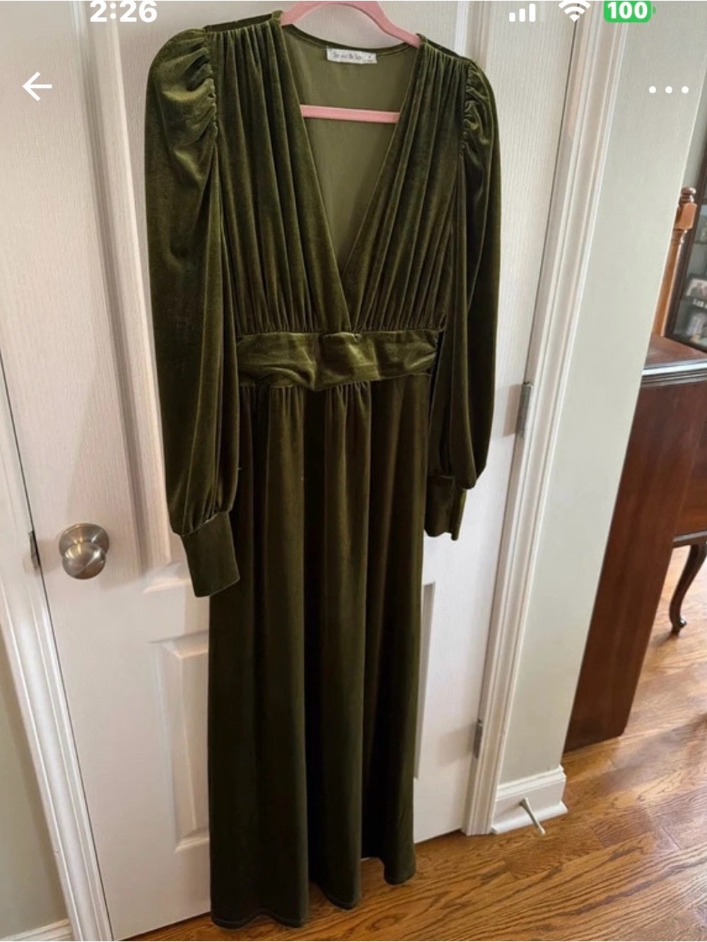 Velvet V-Neck Long Sleeve Maxi Dress in Olive Green
